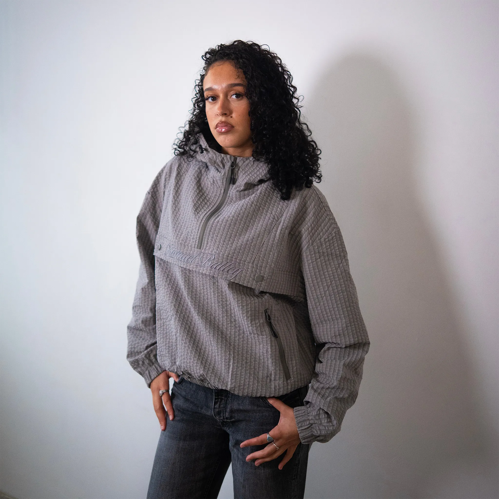 Model View of Samuel Bailey Signature Grid Grey Jacket (W) 53902754677059